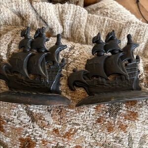 Pair of Vintage Cast Iron Sailing Ship Bookends - Black